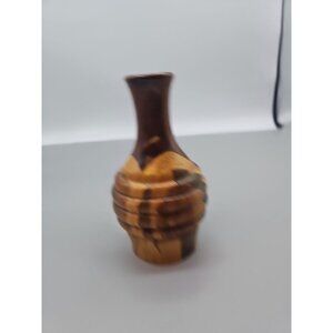 Vintage Turned Wood Vase Inlay Dark Light 6.5" Montego Bay Jamaica Tiki Brown